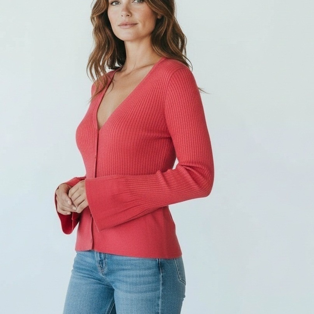 J. Jill Cardigan Sweater Womens L Pink Silk Cotton Ribbed Bell Sleeve V-Neck - Picture 1 of 13